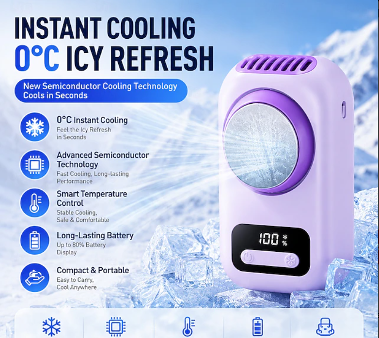 Wearable Neck Fan with Ice Cooling – USB Rechargeable, 5 Speeds, 3000mAh
